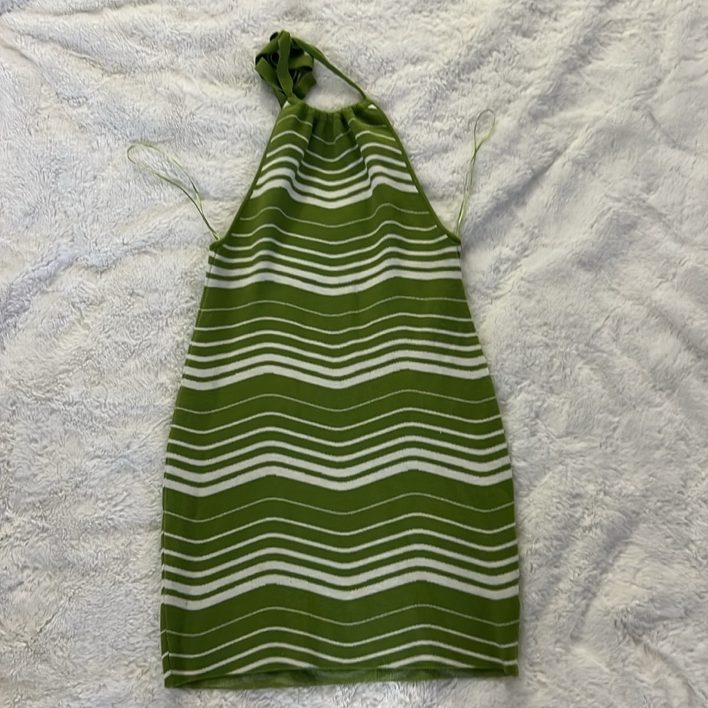 Fashion Nova Green and White Striped Halter Dress Size M